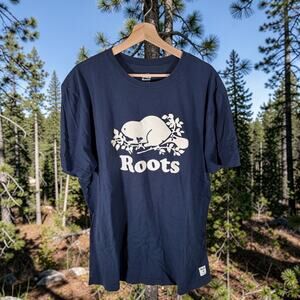 Roots Canada Men's XXL Navy Blue White Textured Graphics Logo Beaver S/S T-Shirt